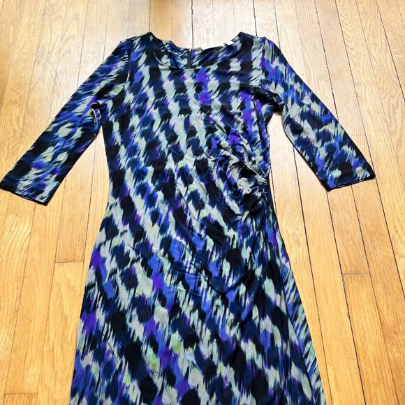 Boss Hugo Boss Size L Blue Black Abstract Print 3/4 Sleeve Ruched Sheath Dress - Picture 7 of 15
